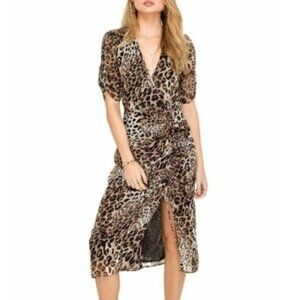 ASTR The Label Short Sleeve Ruched Midi Dress Leopard Print Size XS